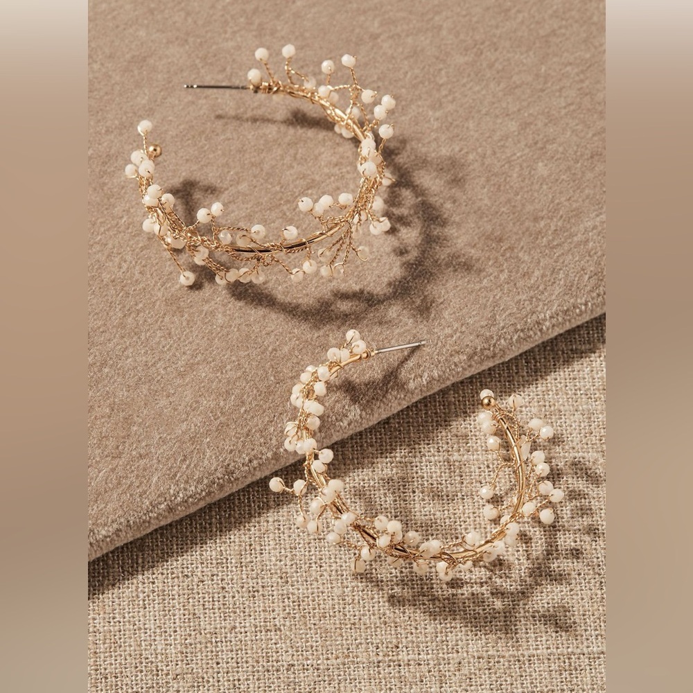 NWT Nicola Bathie Gianna Earrings — Pearl & Crystal Gold Hoops | Bridal/Event